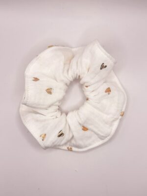 Chouchou gaze de coton blanc coeurs dorés