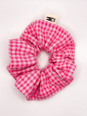 Chouchou petits carreaux vichy rose fluo
