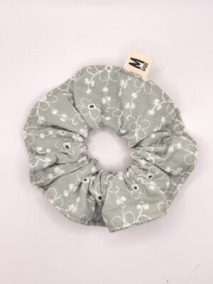 Chouchou vert sauge broderie fleurs