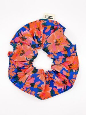 Chouchou bleu fleurs orange et roses
