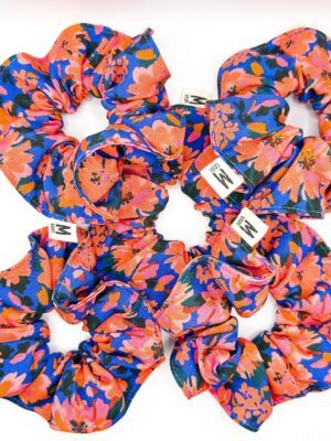Chouchou bleu fleurs orange et roses