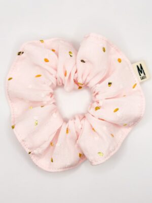 Chouchou plumetis rose dragée pois dores