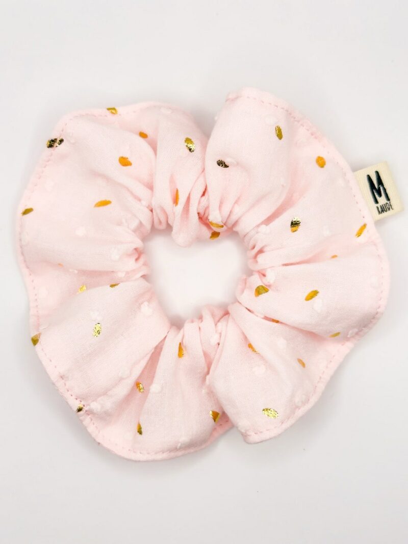 Chouchou plumetis rose dragée pois dores