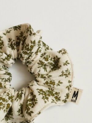 Chouchou Gaze de coton fleuri kaki