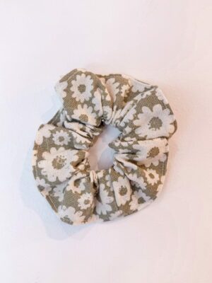 Chouchou coton vert fleurs blanches