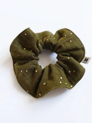 Chouchou gaze de coton kaki à pois dorés