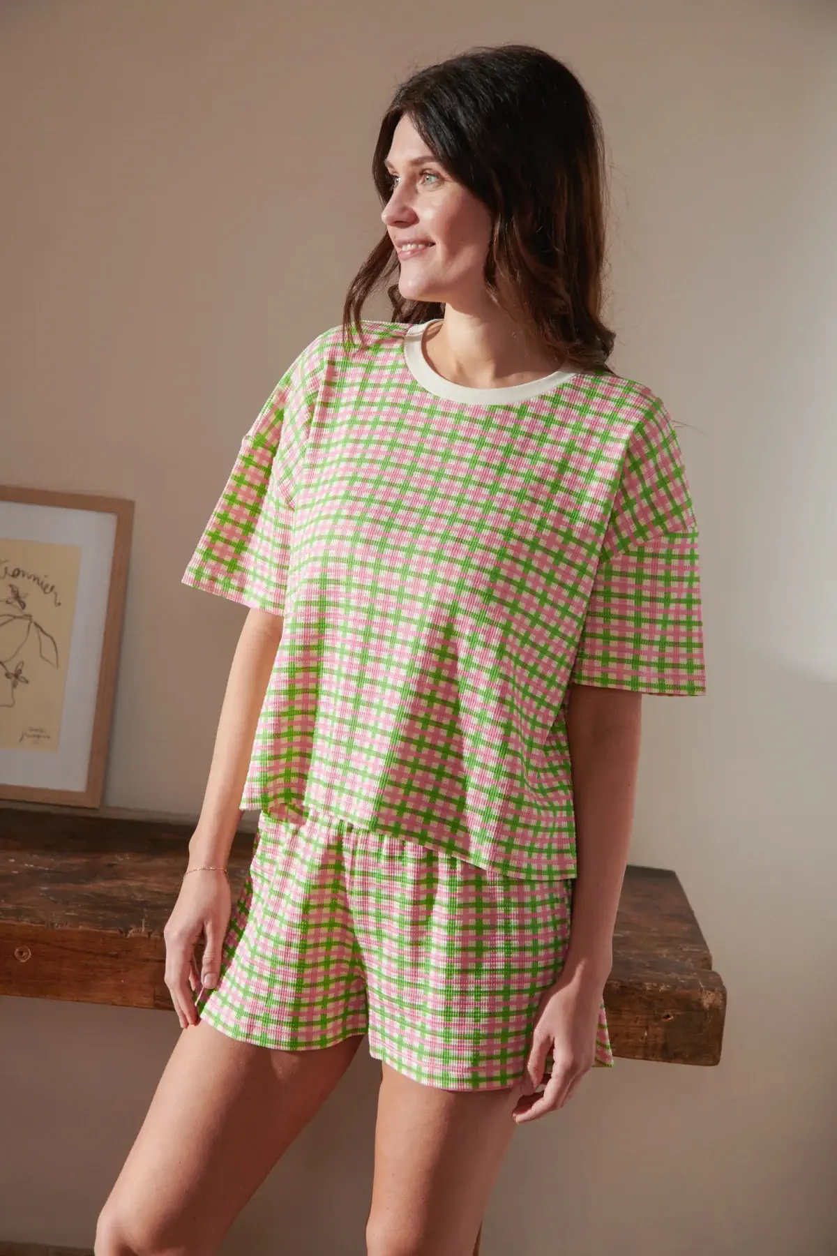 PYJAMA Gaufré Vichy vert et rose