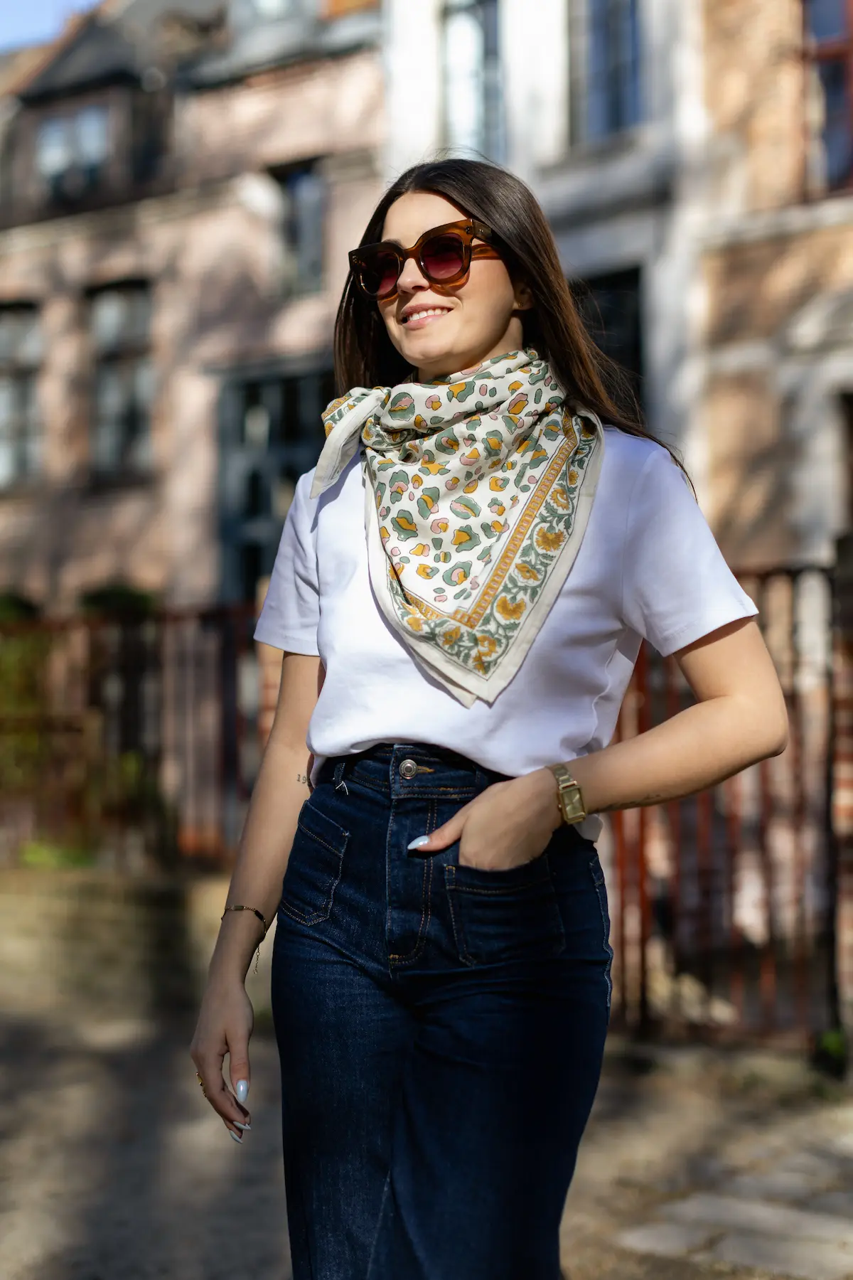 Foulard 100x100 - Rosa léopard sauge